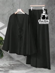 Conjunto Blusa Manga Longa Decote V Calça Pantalona Plus Size Preto / G Conjunto Blusa Manga Longa Decote V Calça