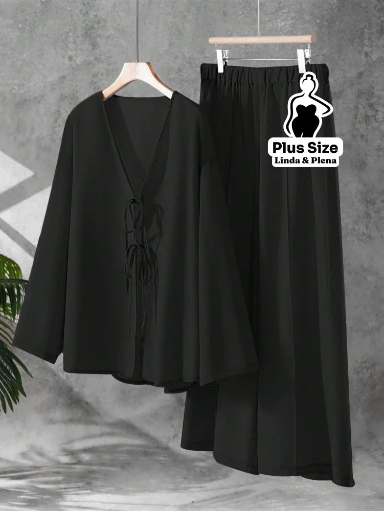 Conjunto Blusa Manga Longa Decote V Calça Pantalona Plus Size Preto / G Conjunto Blusa Manga Longa Decote V Calça