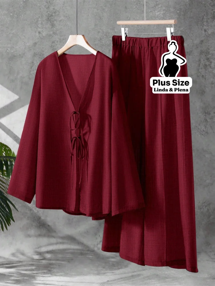 Conjunto Blusa Manga Longa Decote V Calça Pantalona Plus Size Vermelho / G Conjunto Blusa Manga Longa Decote V Calça