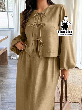 Conjunto Blusa Manga Longa E Saia Longa Plus Size Castanho / G Conjunto Blusa Manga Longa E Saia Longa Plus Size