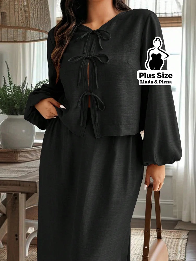 Conjunto Blusa Manga Longa E Saia Longa Plus Size Preto / G Conjunto Blusa Manga Longa E Saia Longa Plus Size