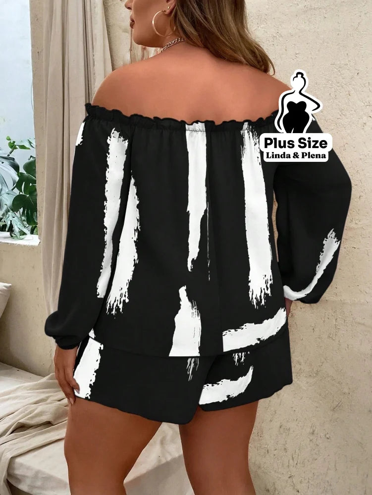 Conjunto Blusa Ombro Manga Longa Shorts Cós Ajustável Plus Size Conjunto Blusa Ombro Manga Longa Shorts Cós Ajustável