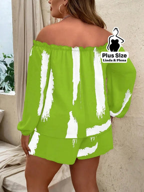 Conjunto Blusa Ombro Manga Longa Shorts Cós Ajustável Plus Size Conjunto Blusa Ombro Manga Longa Shorts Cós Ajustável