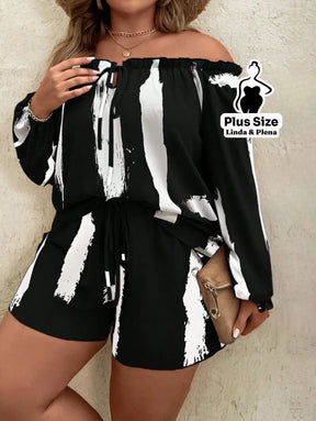 Conjunto Blusa Ombro Manga Longa Shorts Cós Ajustável Plus Size Preto / G Conjunto Blusa Ombro Manga Longa Shorts Cós