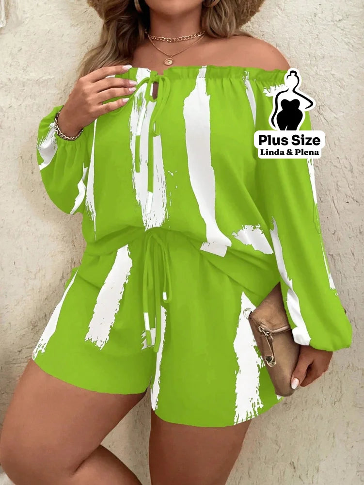 Conjunto Blusa Ombro Manga Longa Shorts Cós Ajustável Plus Size Verde / G Conjunto Blusa Ombro Manga Longa Shorts Cós