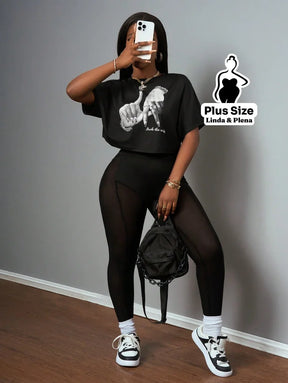 Conjunto Blusa Oversized Com Legging Tule Plus Size Conjunto Blusa Oversized Com Legging Tule Plus Size