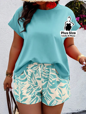 Conjunto Blusa Soltinha e Shorts com Cós de Amarrar Plus Size Conjunto Blusa Soltinha e Shorts com Cós de Amarrar Plus