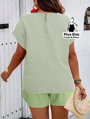 Conjunto Blusa Soltinha e Shorts com Cós de Amarrar Plus Size Conjunto Blusa Soltinha e Shorts com Cós de Amarrar Plus