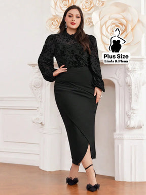 Conjunto Blusa Texturizada Com Cinto E Saia Midi Plus Size Conjunto Blusa Texturizada Com Cinto E Saia Midi Plus Size