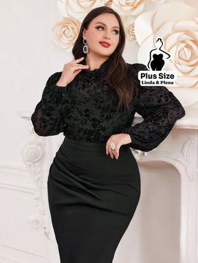 Conjunto Blusa Texturizada Com Cinto E Saia Midi Plus Size Conjunto Blusa Texturizada Com Cinto E Saia Midi Plus Size