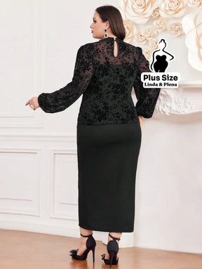 Conjunto Blusa Texturizada Com Cinto E Saia Midi Plus Size Conjunto Blusa Texturizada Com Cinto E Saia Midi Plus Size