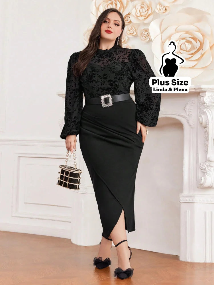 Conjunto Blusa Texturizada Com Cinto E Saia Midi Plus Size G Conjunto Blusa Texturizada Com Cinto E Saia Midi Plus Size