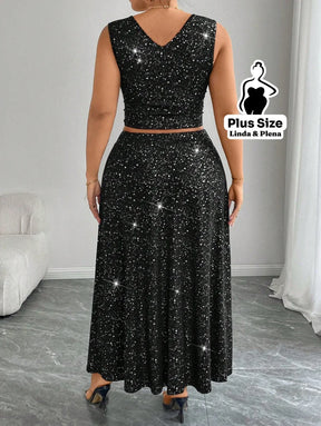 Conjunto Brilhante Com Cropped E Saia Longa Fenda Plus Size Conjunto Brilhante Com Cropped E Saia Longa Fenda Plus Size