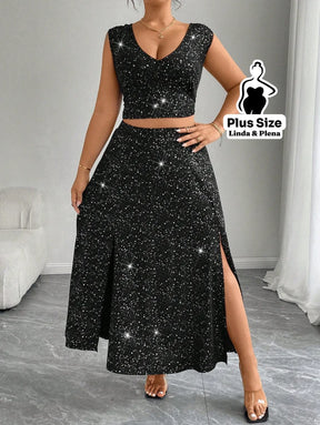 Conjunto Brilhante Com Cropped E Saia Longa Fenda Plus Size Conjunto Brilhante Com Cropped E Saia Longa Fenda Plus Size