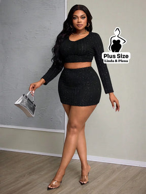 Conjunto Brilhante Com Cropped Manga Longa E Saia Curta Plus Size Conjunto Brilhante Com Cropped Manga Longa E Saia