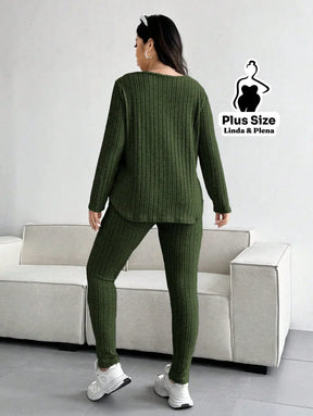 Conjunto Calça Canelada Com Blusa Manga Longa Plus Size Conjunto Calça Canelada Com Blusa Manga Longa Plus Size