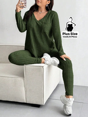Conjunto Calça Canelada Com Blusa Manga Longa Plus Size Conjunto Calça Canelada Com Blusa Manga Longa Plus Size