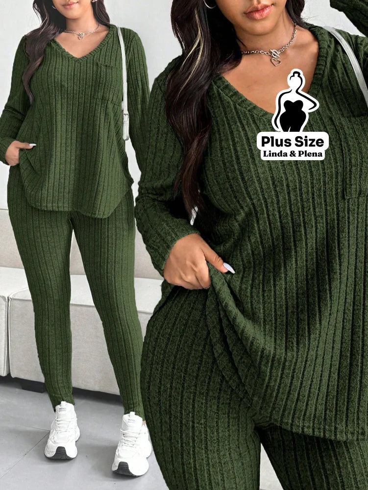 Conjunto Calça Canelada Com Blusa Manga Longa Plus Size Verde Militar / G Conjunto Calça Canelada Com Blusa Manga Longa