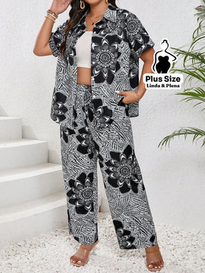 Conjunto Calça Pantalona E Camisa Estampada Plus Size Conjunto Calça Pantalona E Camisa Estampada Plus Size