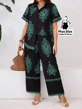 Conjunto Calça Pantalona E Camisa Estampada Plus Size Conjunto Calça Pantalona E Camisa Estampada Plus Size