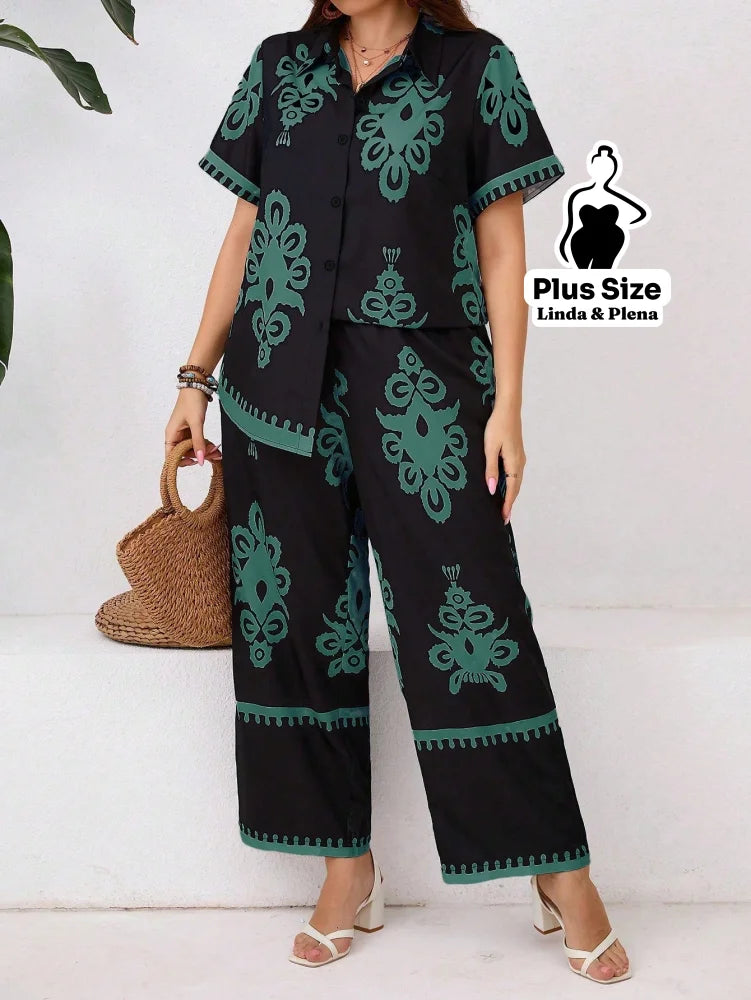 Conjunto Calça Pantalona E Camisa Estampada Plus Size Conjunto Calça Pantalona E Camisa Estampada Plus Size