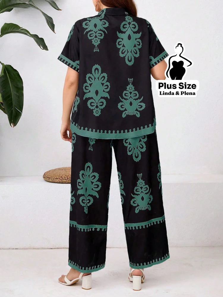 Conjunto Calça Pantalona E Camisa Estampada Plus Size Conjunto Calça Pantalona E Camisa Estampada Plus Size