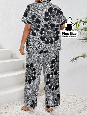 Conjunto Calça Pantalona E Camisa Estampada Plus Size Conjunto Calça Pantalona E Camisa Estampada Plus Size