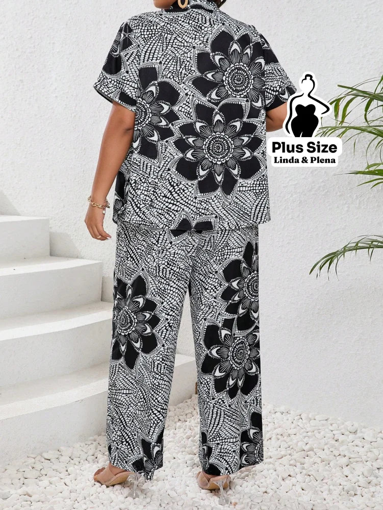 Conjunto Calça Pantalona E Camisa Estampada Plus Size Conjunto Calça Pantalona E Camisa Estampada Plus Size