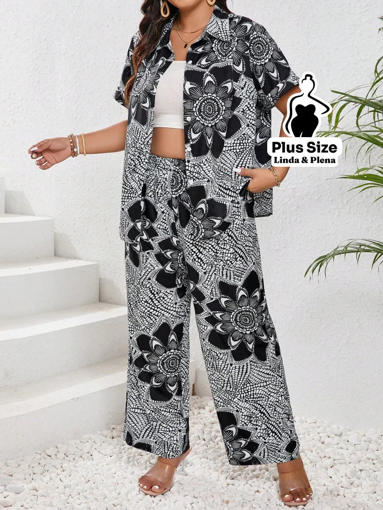 Conjunto Calça Pantalona E Camisa Estampada Plus Size Conjunto Calça Pantalona E Camisa Estampada Plus Size