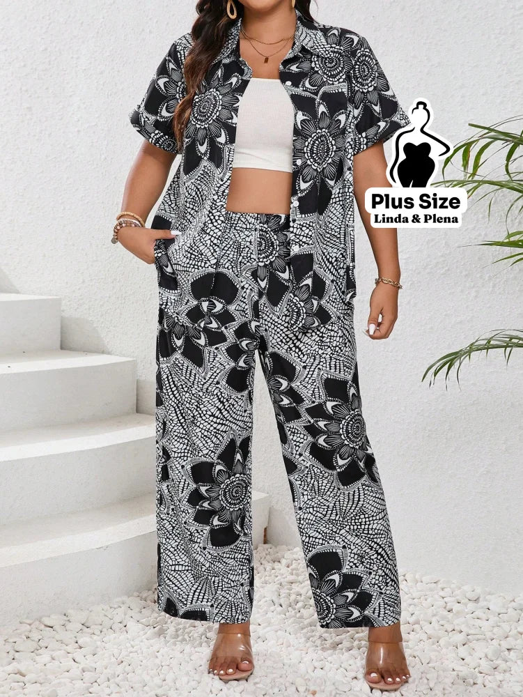 Conjunto Calça Pantalona E Camisa Estampada Plus Size Preto e Branco / G Conjunto Calça Pantalona E Camisa Estampada