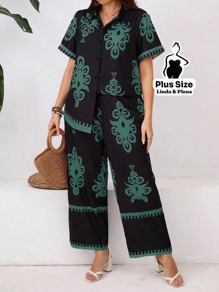 Conjunto Calça Pantalona E Camisa Estampada Plus Size Verde Escuro / G Conjunto Calça Pantalona E Camisa Estampada Plus