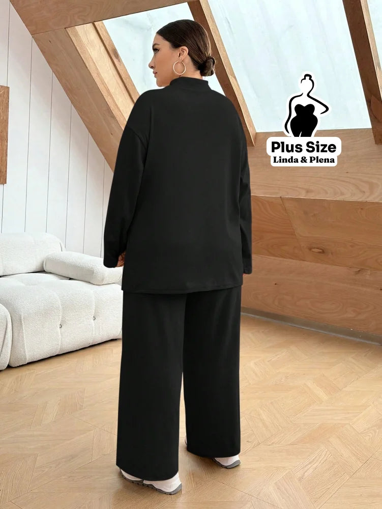 Conjunto Camisa Alongada Com Calça Reta Confortável Plus Size Conjunto Camisa Alongada Com Calça Reta Confortável Plus
