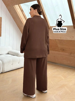Conjunto Camisa Alongada Com Calça Reta Confortável Plus Size Conjunto Camisa Alongada Com Calça Reta Confortável Plus