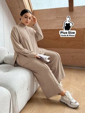 Conjunto Camisa Alongada Com Calça Reta Confortável Plus Size Caqui / G Conjunto Camisa Alongada Com Calça Reta