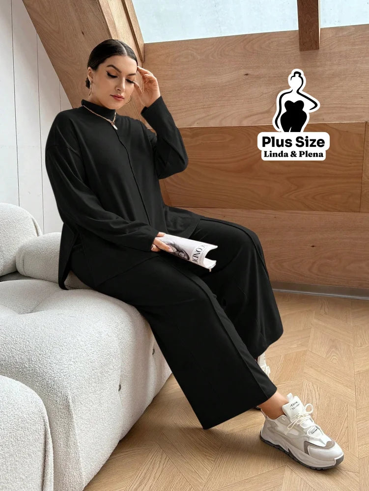 Conjunto Camisa Alongada Com Calça Reta Confortável Plus Size Preto / G Conjunto Camisa Alongada Com Calça Reta