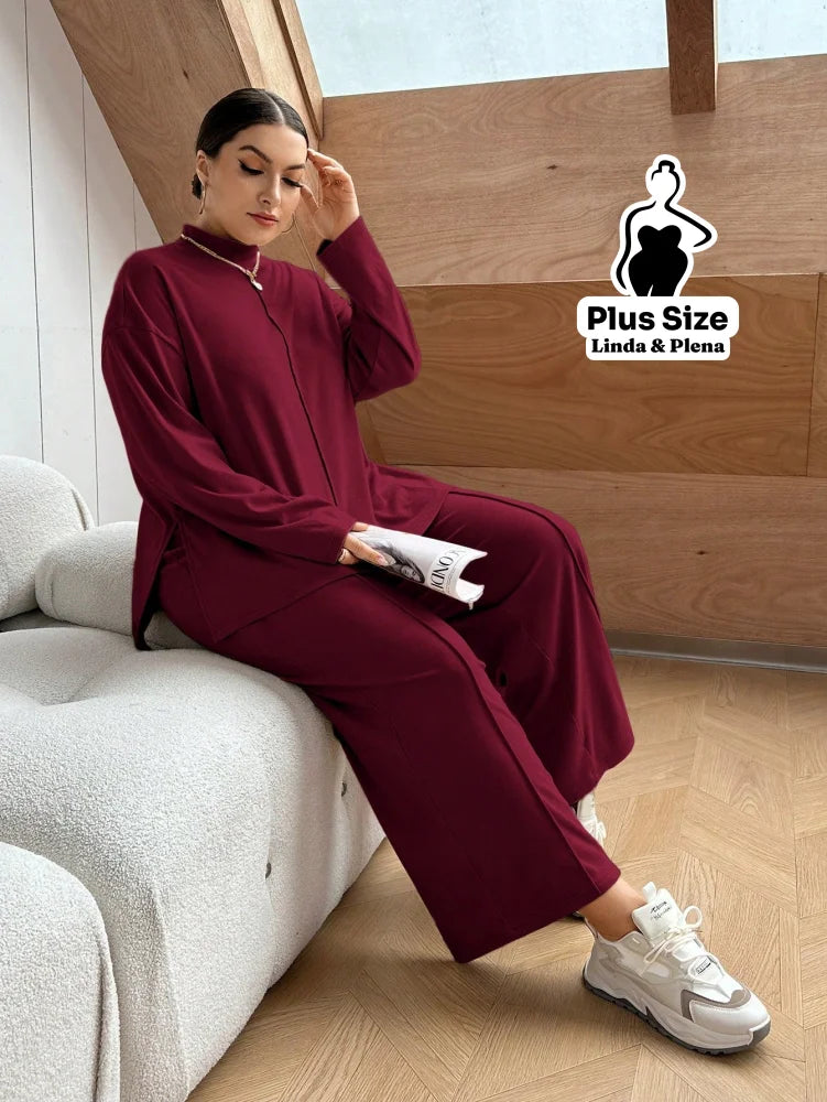 Conjunto Camisa Alongada Com Calça Reta Confortável Plus Size Vinho / G Conjunto Camisa Alongada Com Calça Reta