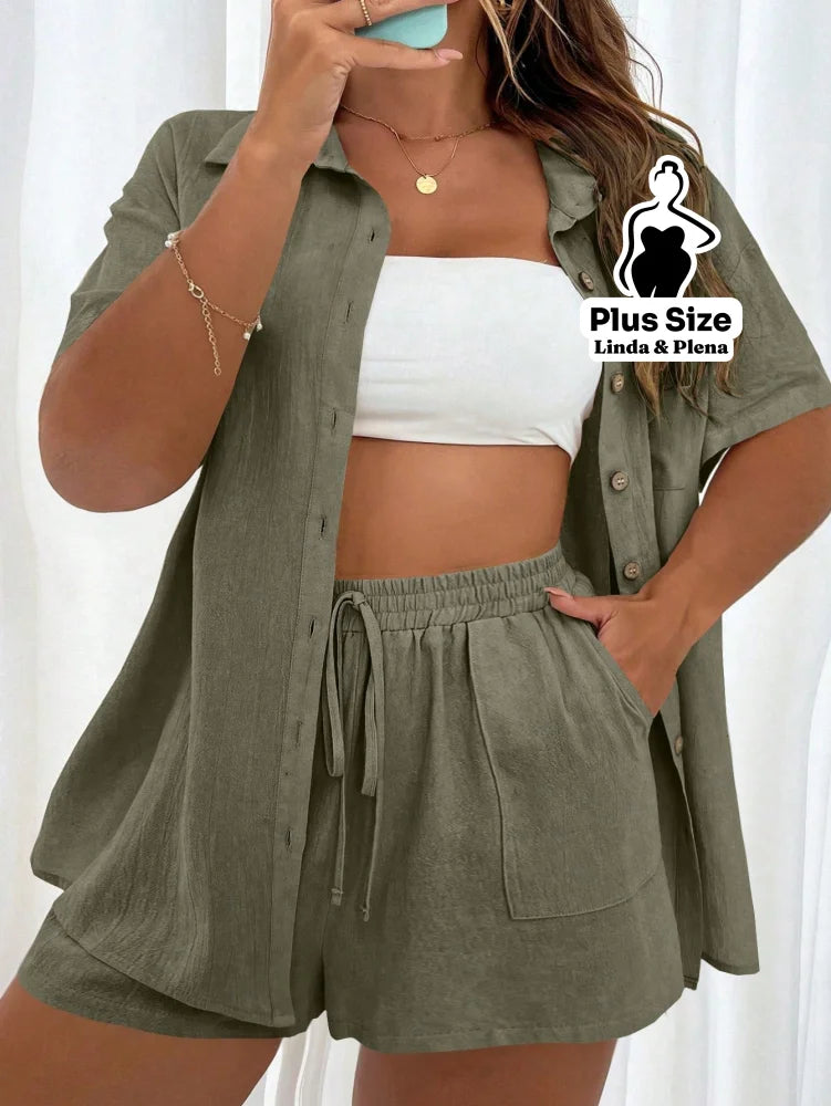 Conjunto Camisa Manga Curta Com Short Amplo Plus Size G Conjunto Camisa Manga Curta Com Short Amplo Plus Size