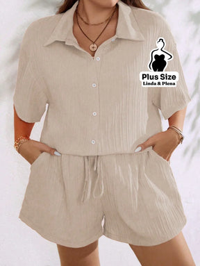 Conjunto Camisa Manga Curta Shorts Cós Elástico Plus Size Conjunto Camisa Manga Curta Shorts Cós Elástico Plus Size