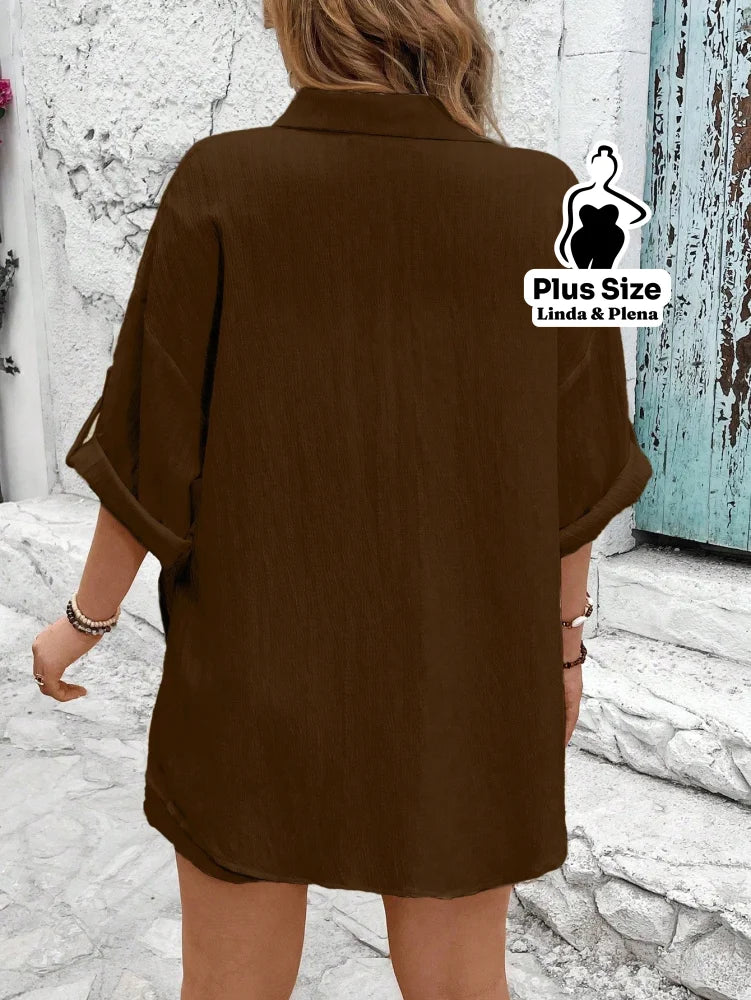 Conjunto Camisa Manga Curta Shorts Cós Elástico Plus Size Conjunto Camisa Manga Curta Shorts Cós Elástico Plus Size