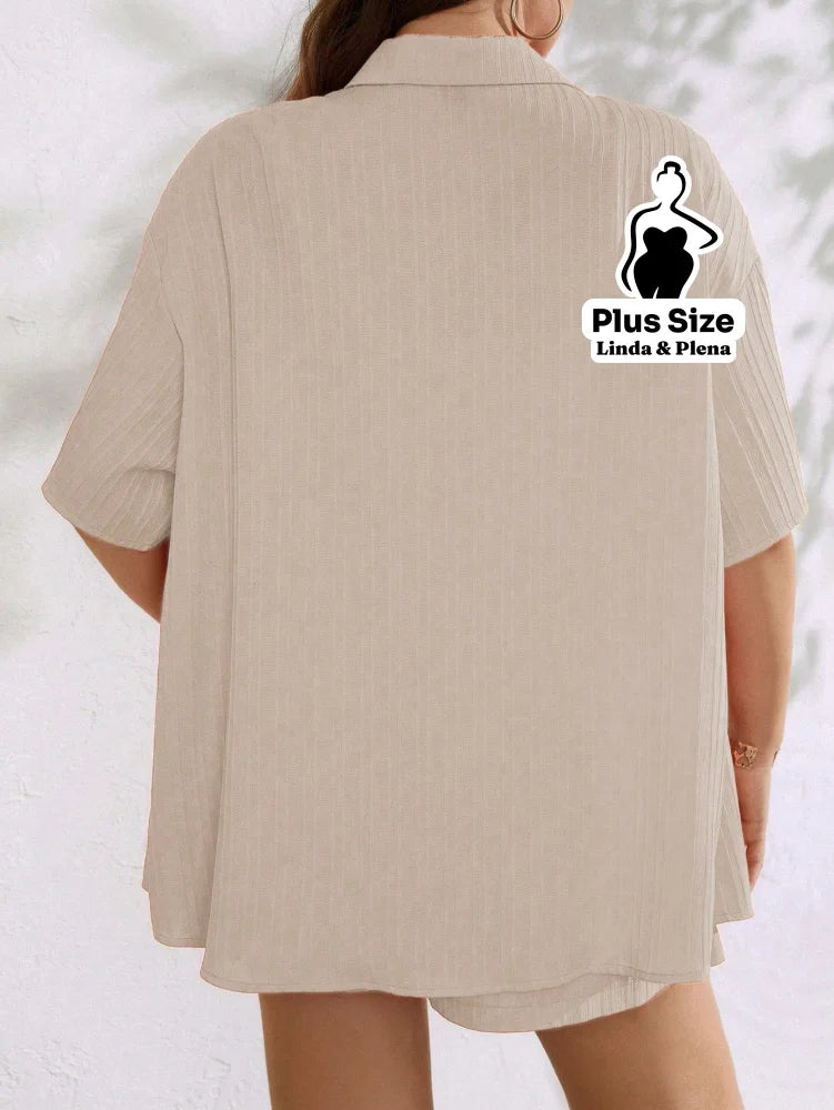 Conjunto Camisa Manga Curta Shorts Cós Elástico Plus Size Conjunto Camisa Manga Curta Shorts Cós Elástico Plus Size