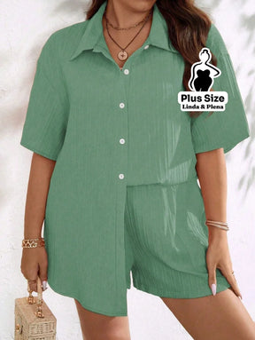 Conjunto Camisa Manga Curta Shorts Cós Elástico Plus Size Conjunto Camisa Manga Curta Shorts Cós Elástico Plus Size
