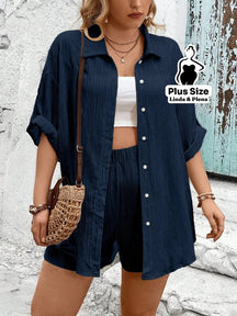 Conjunto Camisa Manga Curta Shorts Cós Elástico Plus Size Azul Marinho / G Conjunto Camisa Manga Curta Shorts Cós