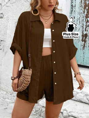 Conjunto Camisa Manga Curta Shorts Cós Elástico Plus Size Castanho / G Conjunto Camisa Manga Curta Shorts Cós Elástico