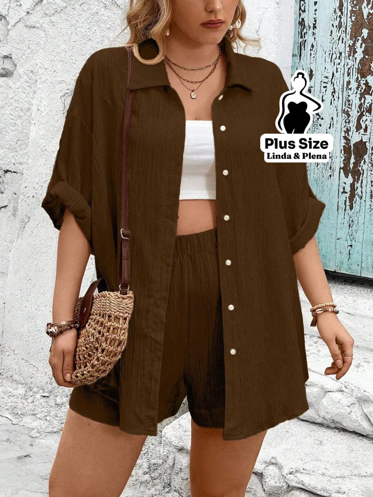 Conjunto Camisa Manga Curta Shorts Cós Elástico Plus Size Castanho / G Conjunto Camisa Manga Curta Shorts Cós Elástico