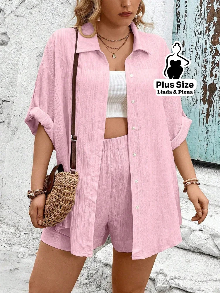 Conjunto Camisa Manga Curta Shorts Cós Elástico Plus Size Rosa Chiclete / G Conjunto Camisa Manga Curta Shorts Cós