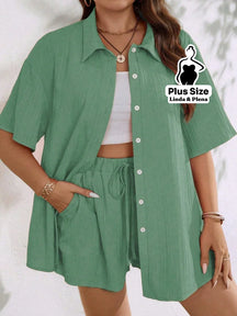 Conjunto Camisa Manga Curta Shorts Cós Elástico Plus Size Verde Menta / G Conjunto Camisa Manga Curta Shorts Cós