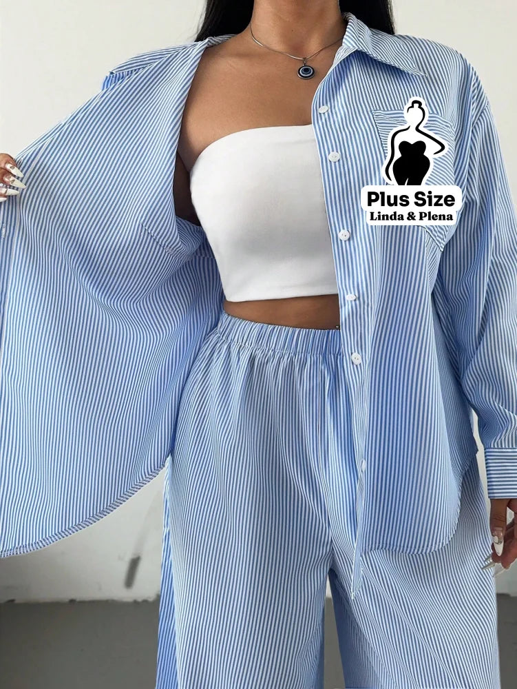 Conjunto Camisa Manga Longa E Calça Pantalona Plus Size Conjunto Camisa Manga Longa E Calça Pantalona Plus Size