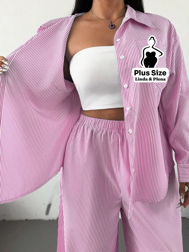 Conjunto Camisa Manga Longa E Calça Pantalona Plus Size Conjunto Camisa Manga Longa E Calça Pantalona Plus Size