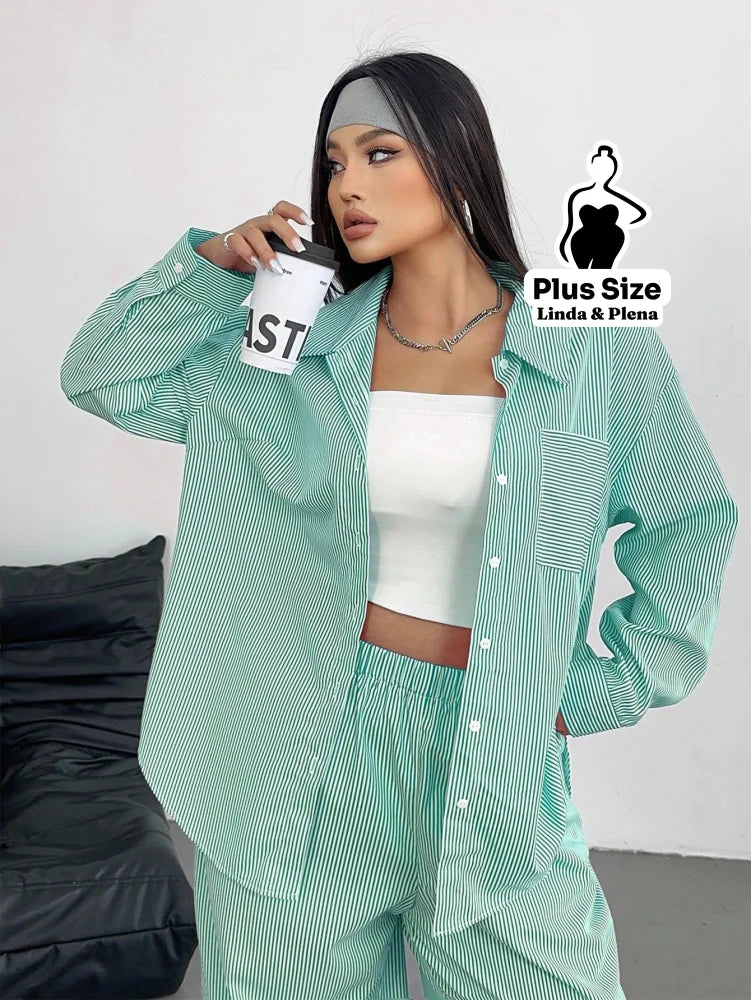 Conjunto Camisa Manga Longa E Calça Pantalona Plus Size Conjunto Camisa Manga Longa E Calça Pantalona Plus Size
