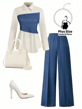 Conjunto Camisa Manga Longa E Calça Pantalona Plus Size Azul / G Conjunto Camisa Manga Longa E Calça Pantalona Plus Size